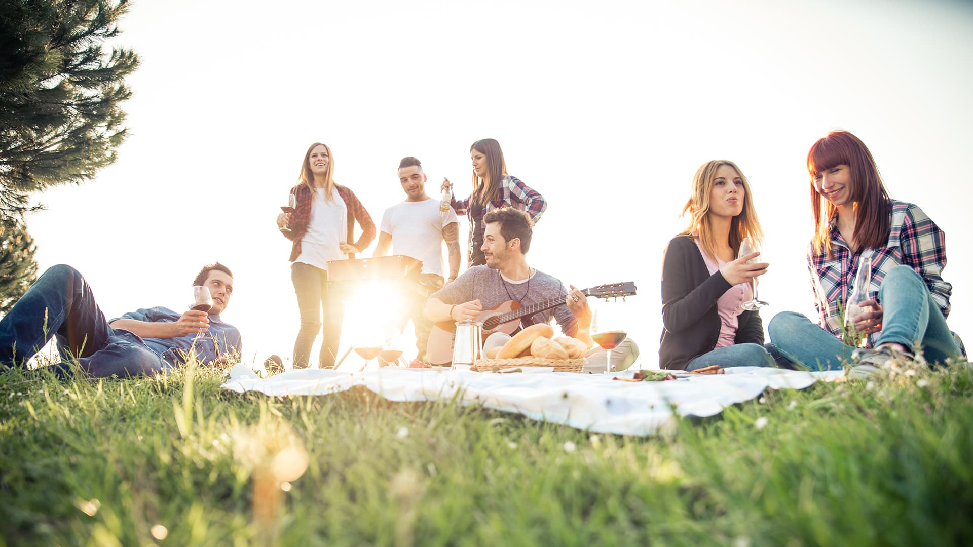 ihmisiä nurmikolla picnicillä