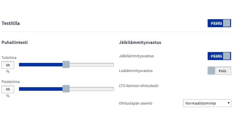 Ilmanvaihdon etäohjauksen testitilanäkymä.