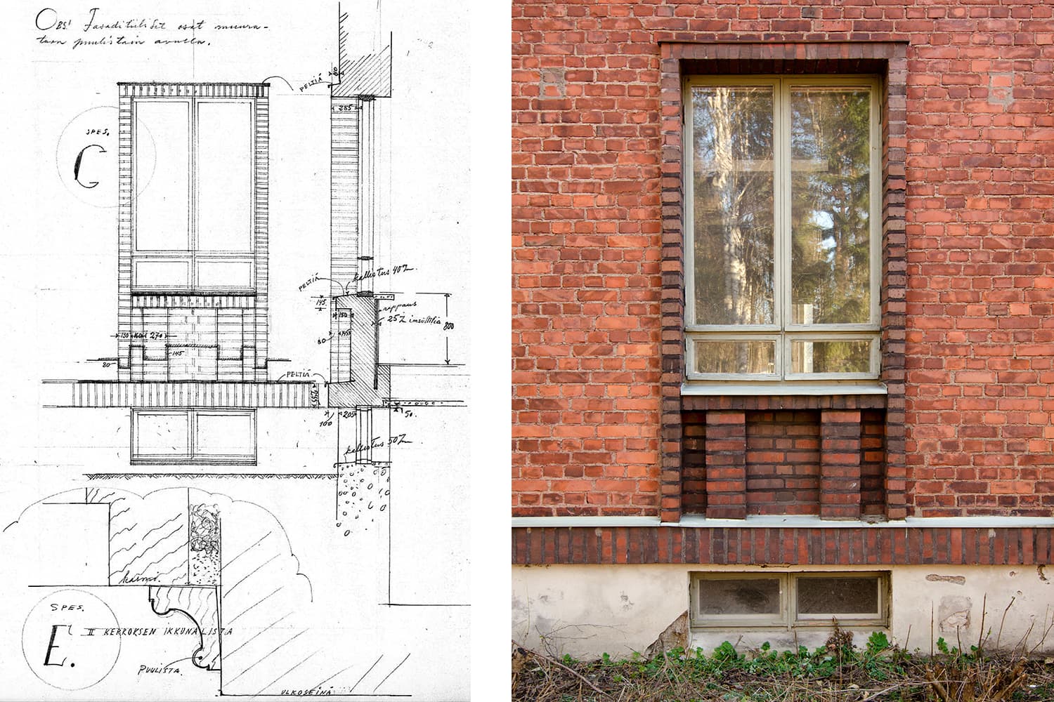 Arkkitehti Jalmari Peltosen detaljipiirustus ikkunaa ympäröivistä koristemuurauksista sekä valokuva samasta kohdasta ennen korjaustöitä. Vanhat ikkunat kunnostettiin puusepänverstaalla.