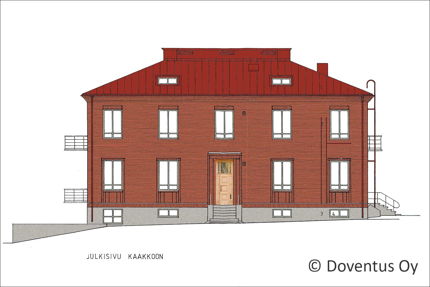 Doventus Oy:n lupahakemusvaiheen värillinen julkisivupiirustus. 1930-luvun komean tiilirakennuksen hienostunut detaljiikka säilytettiin.