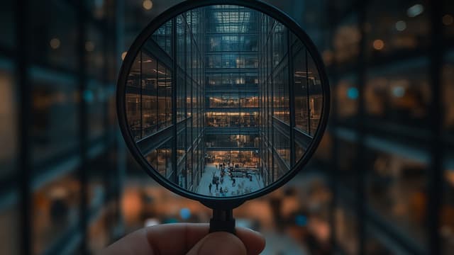 Tummansävyinen toimistorakennuksen sisätila, jossa suuri suurennuslasi etualalla.