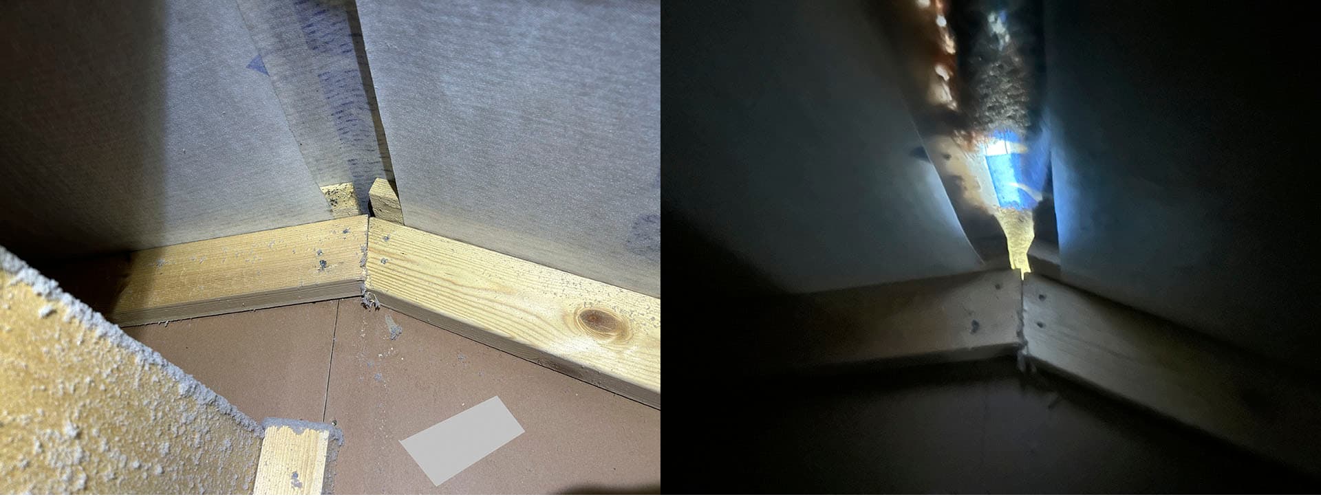 <p data-block-key="mokc9">Kuva 2. Epätiivis palo-osastoivan seinän ja vesikaton liitos rakennuksen harjalla. Kuva: J-P Laakso / SPPL</p>