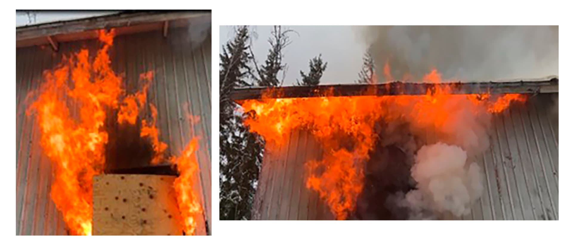 <p data-block-key="mokc9">Kuva 3. Palokaasujen käyttäytyminen tavanomaisen muotoisella räystäällä. Savukaasujen syttymisen jälkeen (vasen puoli) palokaasut ovat levinneet noin kahdessa minuutissa kolme kertaa aukon leveydelle (oikea puoli). Kuva: J-P Laakso / SPPL. Katso video tilanteesta SPPL:n youtube-kanavalta: <a rel="sponsored noopener noreferrer" href="https://youtu.be/R_yQzueecd8" target="_blank" style="color: #1A73E8;">https://youtu.be/R_yQzueecd8</a>.</p>