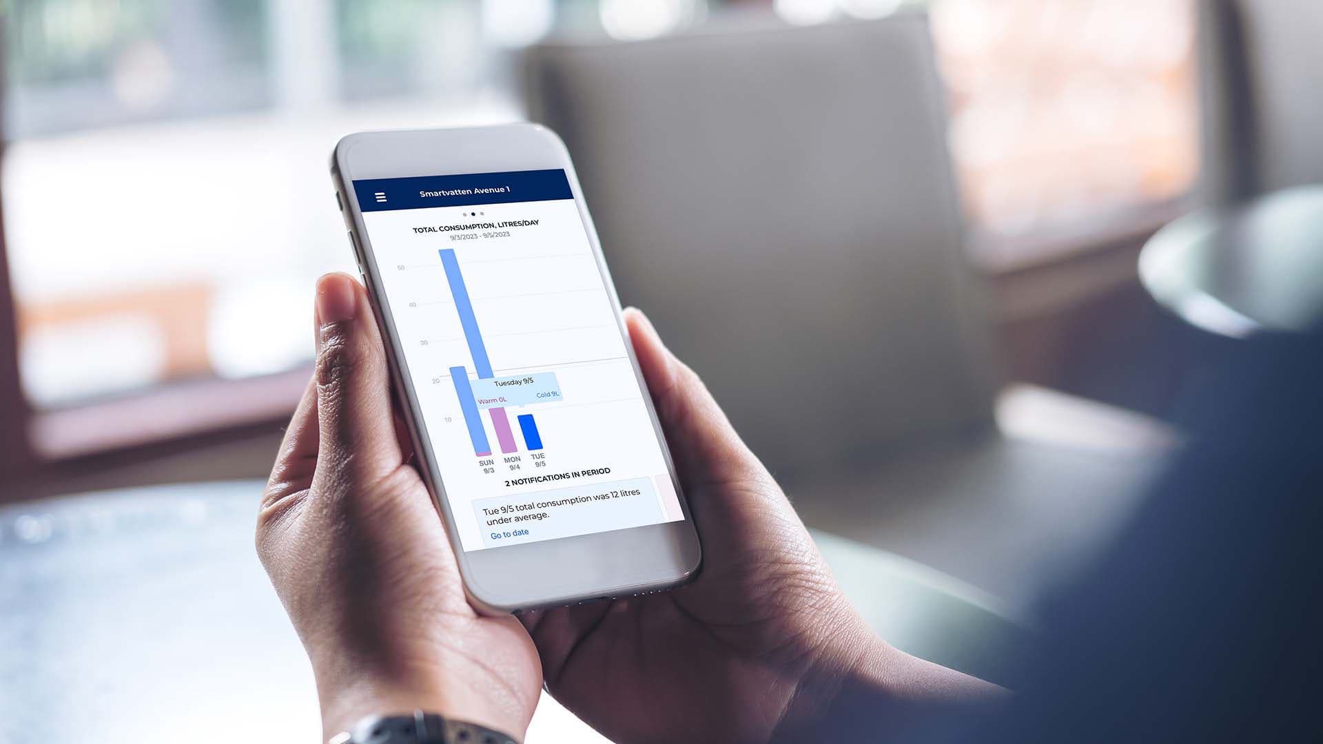 Smartvatten verton tuottamaa dataa kännykän näytöllä