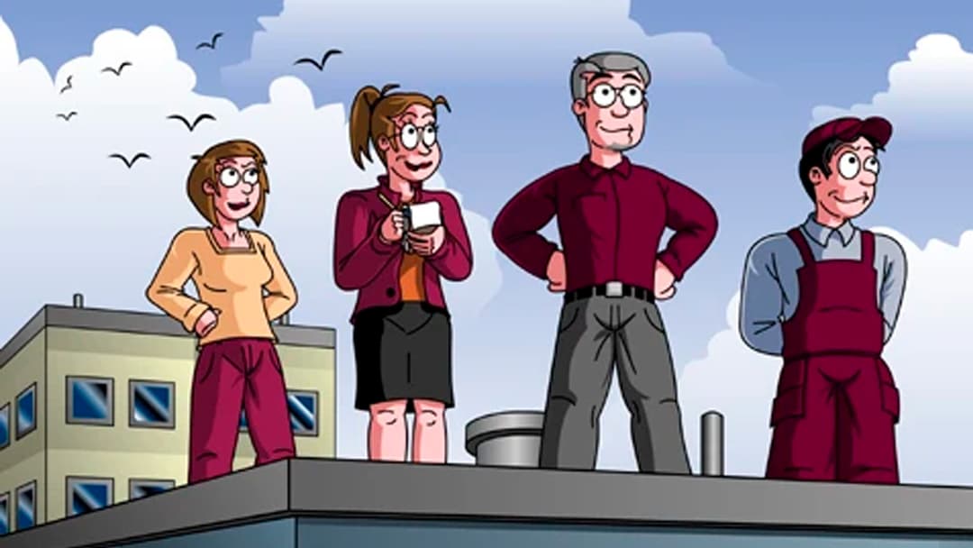 piirretty kuva kun taloyhtiön hallituksen jäsenet seisovat kerrostalon katolla