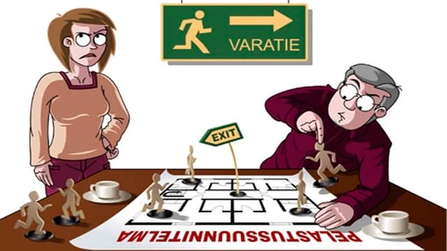 piirretyt hahmot. mies tekee pöydän äärellä pelastussuunnitelmaa ja vaimo katsoo turhautuneena viesessä