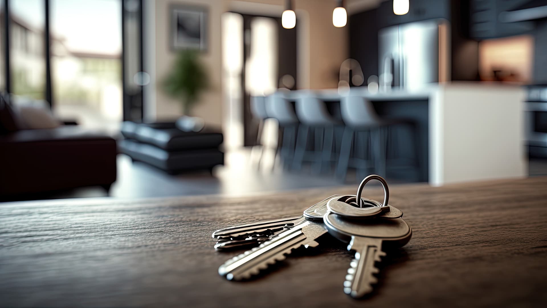 asunnon avaimet keittiön pöydällä ja taustalla näkyy ikkunoita ja ovi